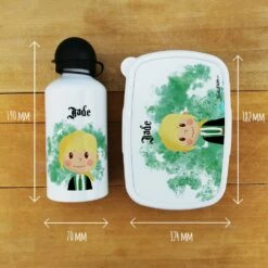 Boîte à Goûter & Gourde Enfant PersonnaliséesPetite Sorcière -cadeaux boutique Halloween Rentree scolaire le prenom de votre fille Petite sorciere ensemble boite gourde avant informations