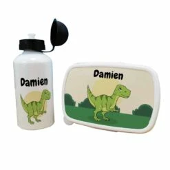 Boîte à Goûter & Gourde Enfant PersonnaliséesDinosaure : Cadeau Garçon 10 Boîte à Goûter & Gourde Enfant PersonnaliséesDinosaure : Cadeau Garçon -cadeaux boutique Rentree scolaire Anniversaire le prenom de votre enfant Dinosaure ensemble boite gourde fond blanc