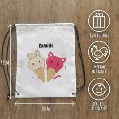 Sac à Dos Sport Personnalisé : Gym, Piscine... - Glaces Kawaii - Cadeaufille -cadeaux boutique Rentree scolaire Anniversaire prenom de votre enfant Glaces Kawaii personnalise sac a cordon informations