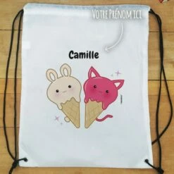 Sac à Dos Sport Personnalisé : Gym, Piscine... - Glaces Kawaii - Cadeaufille -cadeaux boutique Rentree scolaire Anniversaire prenom de votre enfant Glaces Kawaii personnalise sac a cordon plat