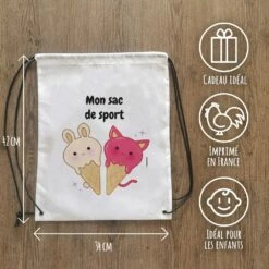 Sac à Dos Sport : Gym, Piscine... - Glaces Kawaii -cadeaux boutique Rentree scolaire Anniversaire prenom de votre enfant Glaces Kawaii sac a cordon informations