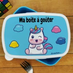 Boîte à Goûter & Gourde Enfant Licorne -cadeaux boutique Rentree scolaire inscription Licorne boite a gouter bleu haut
