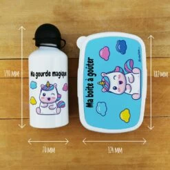 Boîte à Goûter & Gourde Enfant Licorne -cadeaux boutique Rentree scolaire inscription Licorne ensemble boite gourde avant informations