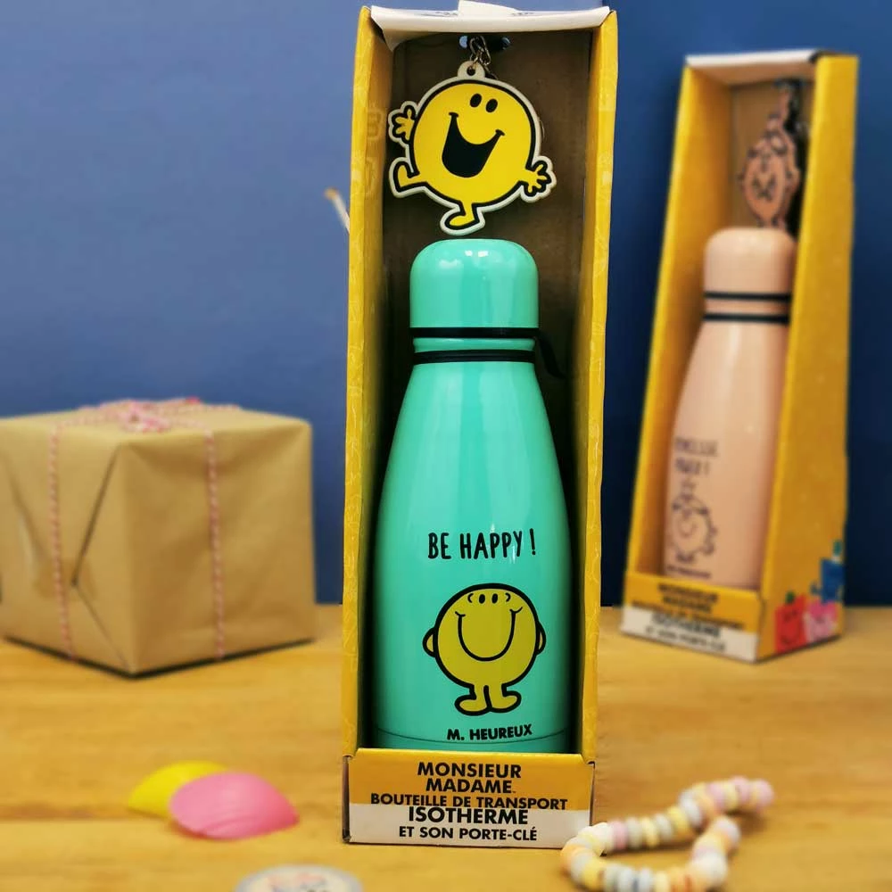 Bouteille Isotherme Et Porte Clé - Mr Heureux - Monsieur Madame 3 Bouteille Isotherme Et Porte Clé - Mr Heureux - Monsieur Madame