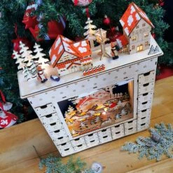 Village Lumineux De Noel - Calendrier De L'Avent En Bois - "Rêve Hivernal" -cadeaux boutique calendrier de lavent bois scene interieure cote