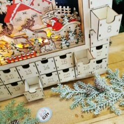 Village Lumineux De Noel - Calendrier De L'Avent En Bois - "Rêve Hivernal" -cadeaux boutique calendrier de lavent bois scene interieure ouvert