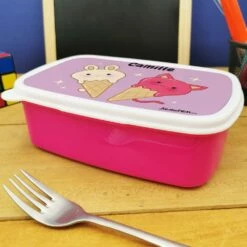 Boîte à Goûter Enfant PersonnaliséeGlaces Kawaii -cadeaux boutique personnalisee Rentree scolaire Anniversaire Glaces Kawaii boite a gouter rose cote