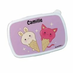 Boîte à Goûter Enfant PersonnaliséeGlaces Kawaii -cadeaux boutique personnalisee Rentree scolaire Anniversaire Glaces Kawaii boite a gouter rose fond blanc