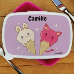 Boîte à Goûter Enfant PersonnaliséeGlaces Kawaii -cadeaux boutique personnalisee Rentree scolaire Anniversaire Glaces Kawaii boite a gouter rose haut
