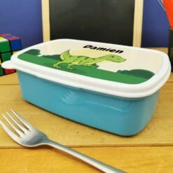 Boîte à Goûter Enfant Personnalisée - PlastiqueDinosaure -cadeaux boutique personnalisee Rentree scolaire inscription Dinosaure boite a gouter bleu cote