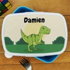 Boîte à Goûter Enfant Personnalisée - PlastiqueDinosaure -cadeaux boutique personnalisee Rentree scolaire inscription Dinosaure boite a gouter bleu haut