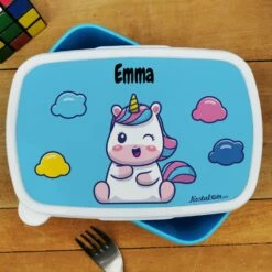 Boîte à Goûter & Gourde Enfant PersonnaliséesLicorne - Cadeau Fille -cadeaux boutique personnalisee Rentree scolaire inscription Licorne boite a gouter bleu haut 1