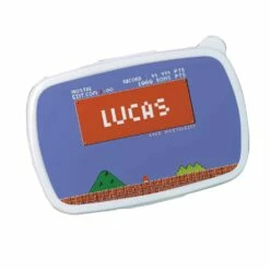 Boîte à Goûter Enfant Personnalisée - Retrogaming -cadeaux boutique personnalisee Rentree scolaire inscription Retrogaming boite a gouter bleu fond blanc